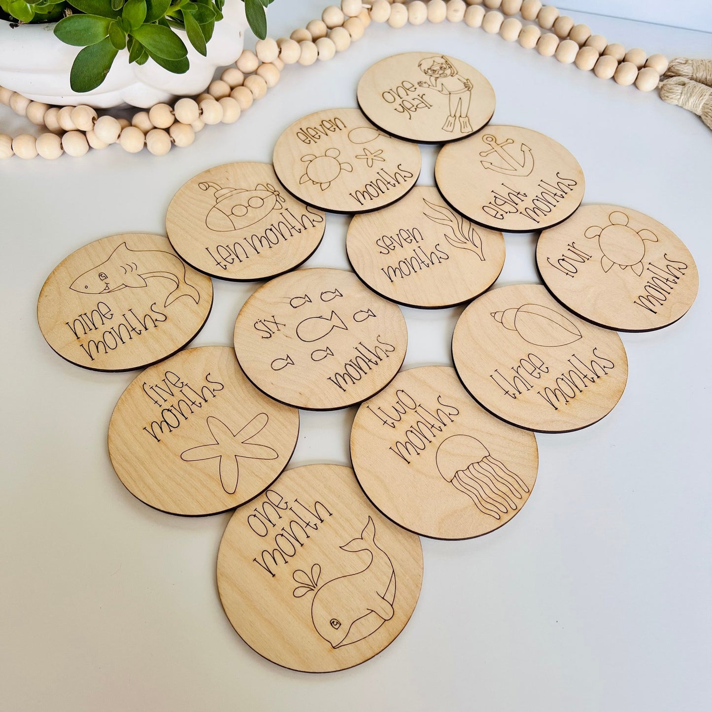 Wooden Monthly Milestone Markers for Baby Photos, Ocean Themed Milestone Disc, Baby Gift