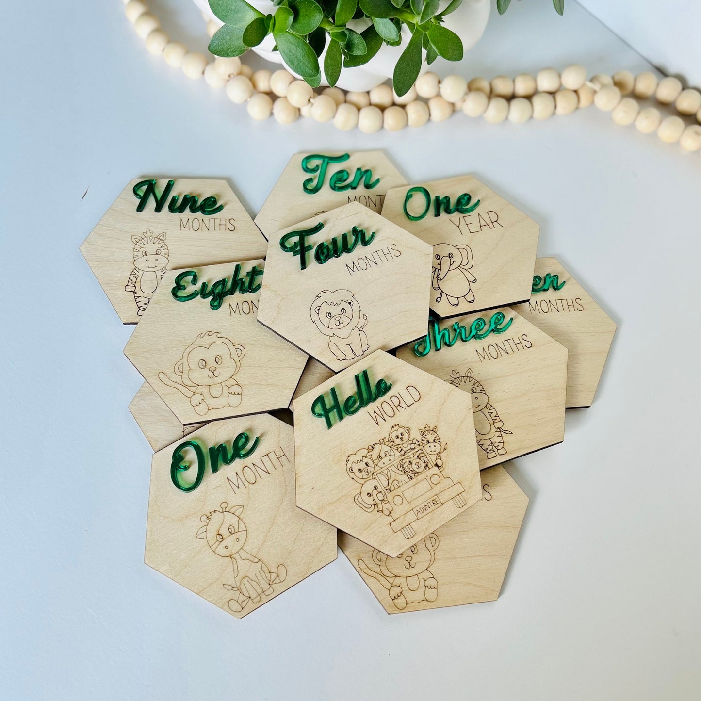 Wooden Monthly Milestone Markers for Baby Photos, Safari Themed Milestone Disc, Baby Gift