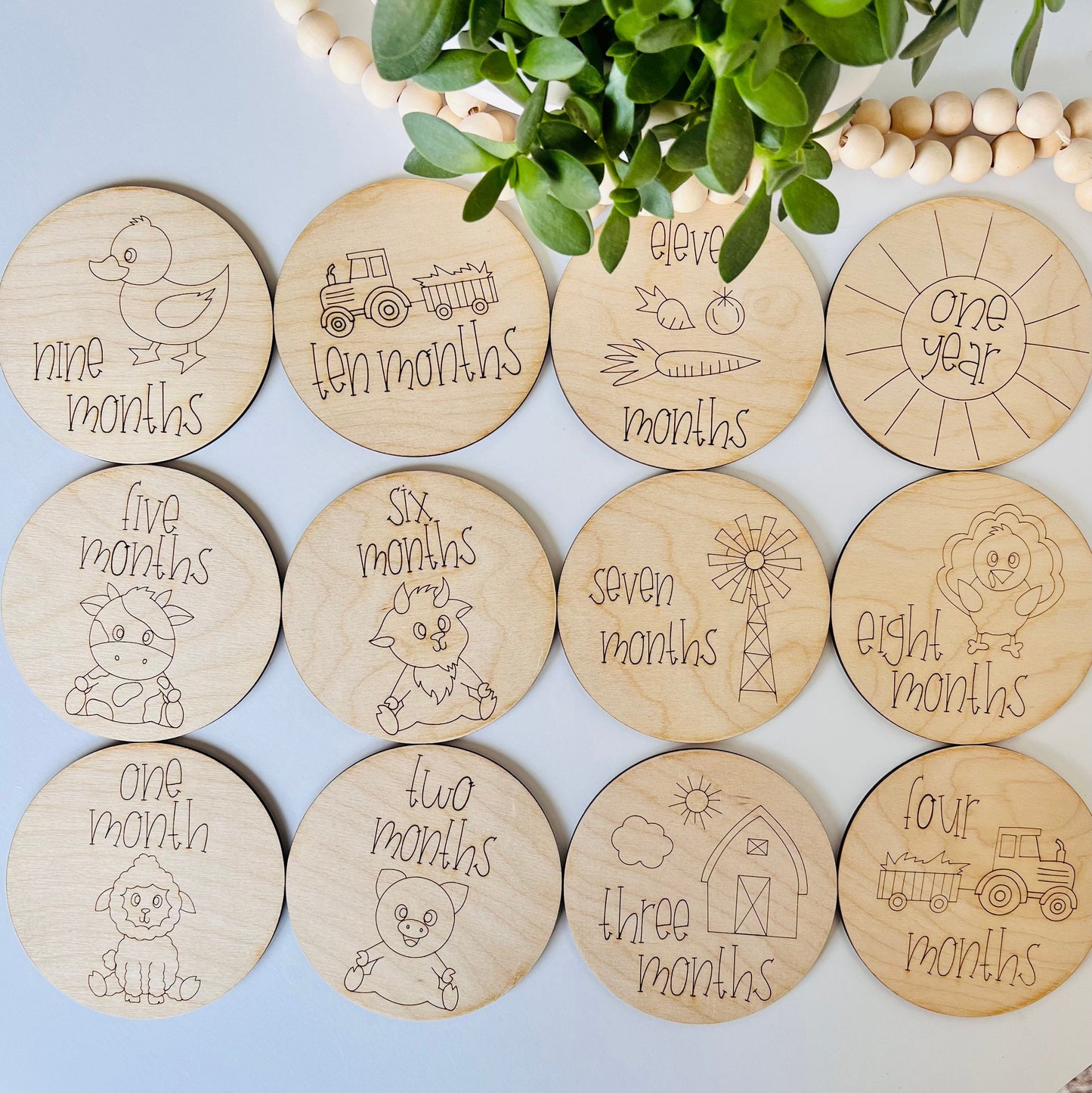 Wooden Monthly Milestone Markers for Baby Photos, Farm Themed Milestone Disc, Baby Gift