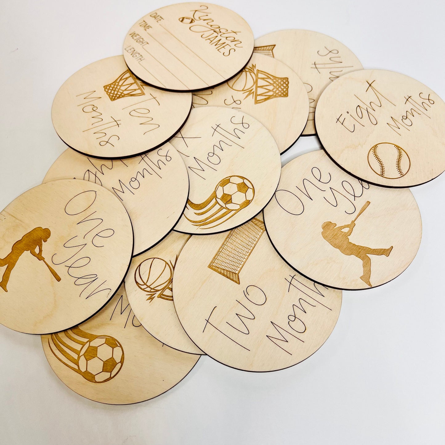 Wooden Monthly Milestone Markers for Baby Photos, Sports Themed Milestone Disc, Baby Gift