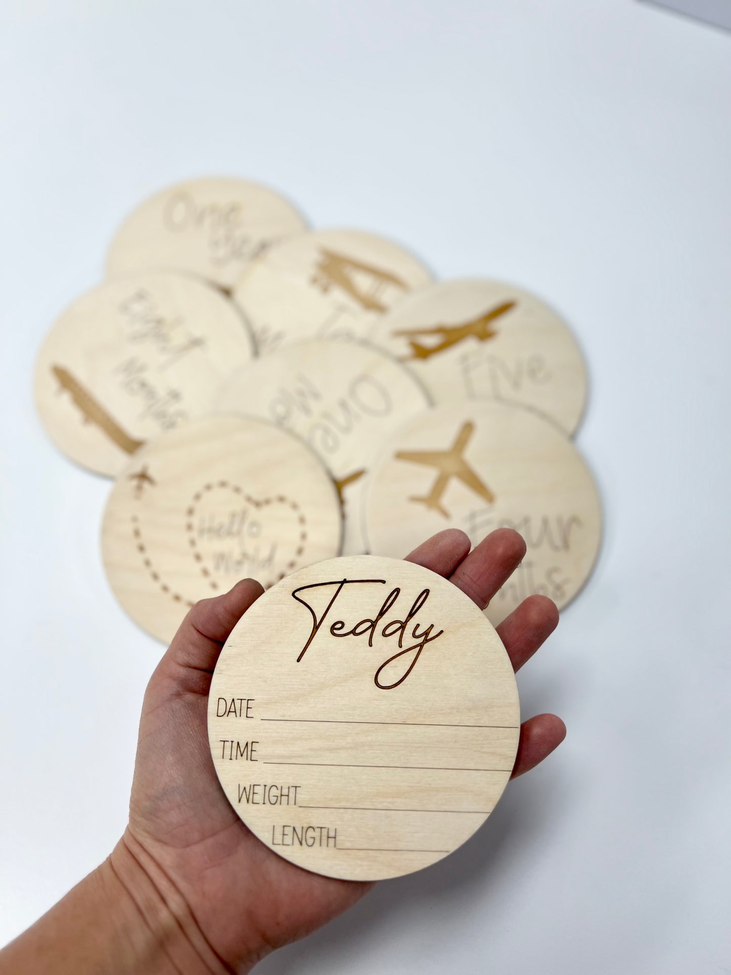 Wooden Monthly Milestone Markers for Baby Photos, Airplane Themed Milestone Disc, Baby Gift
