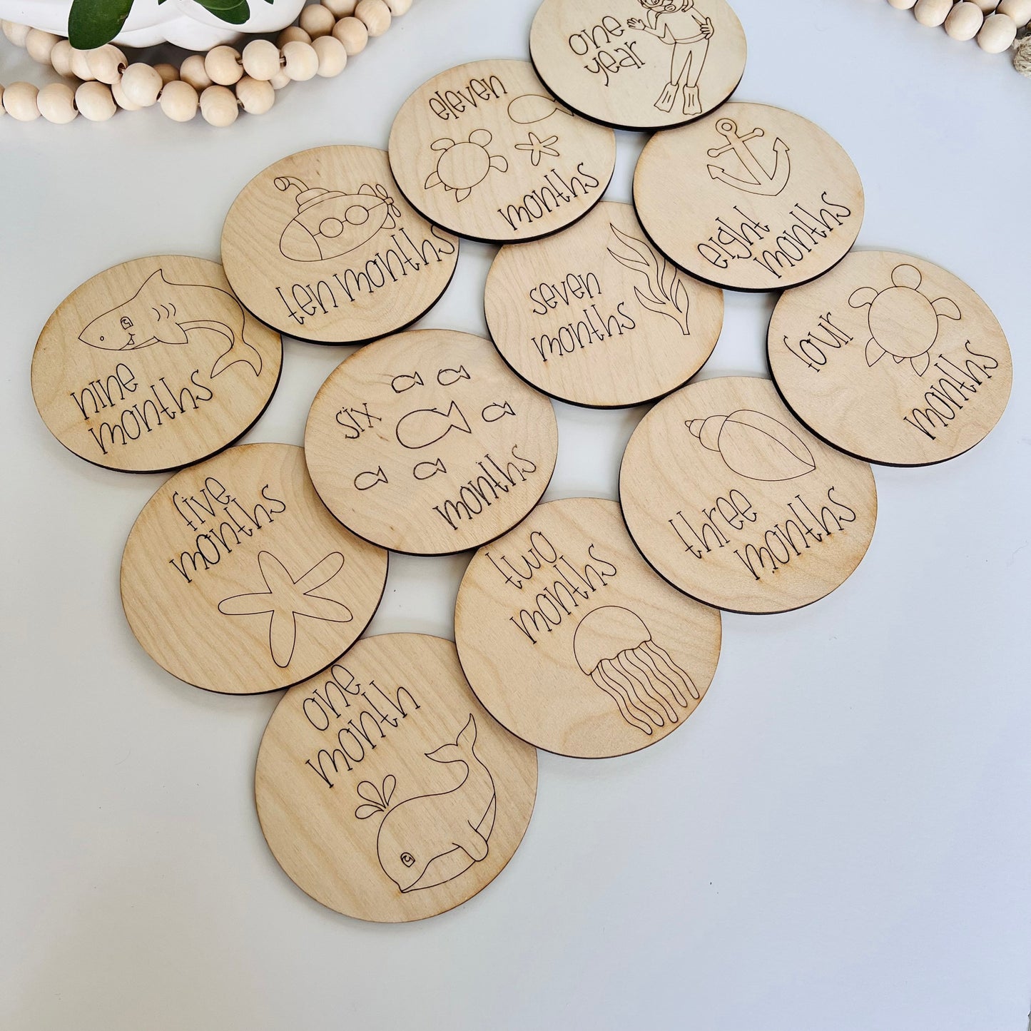 Wooden Monthly Milestone Markers for Baby Photos, Ocean Themed Milestone Disc, Baby Gift