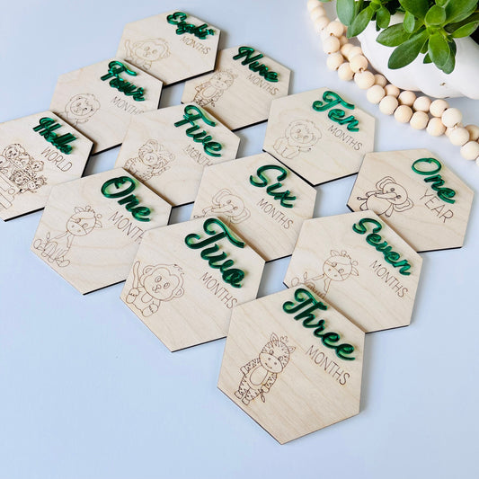 Wooden Monthly Milestone Markers for Baby Photos, Safari Themed Milestone Disc, Baby Gift