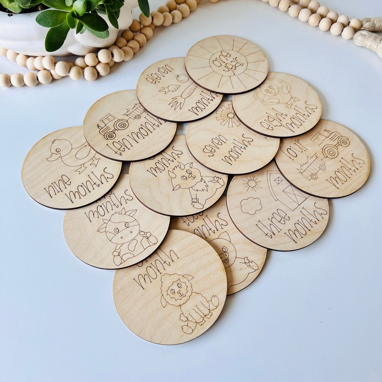 Wooden Monthly Milestone Markers for Baby Photos, Farm Themed Milestone Disc, Baby Gift