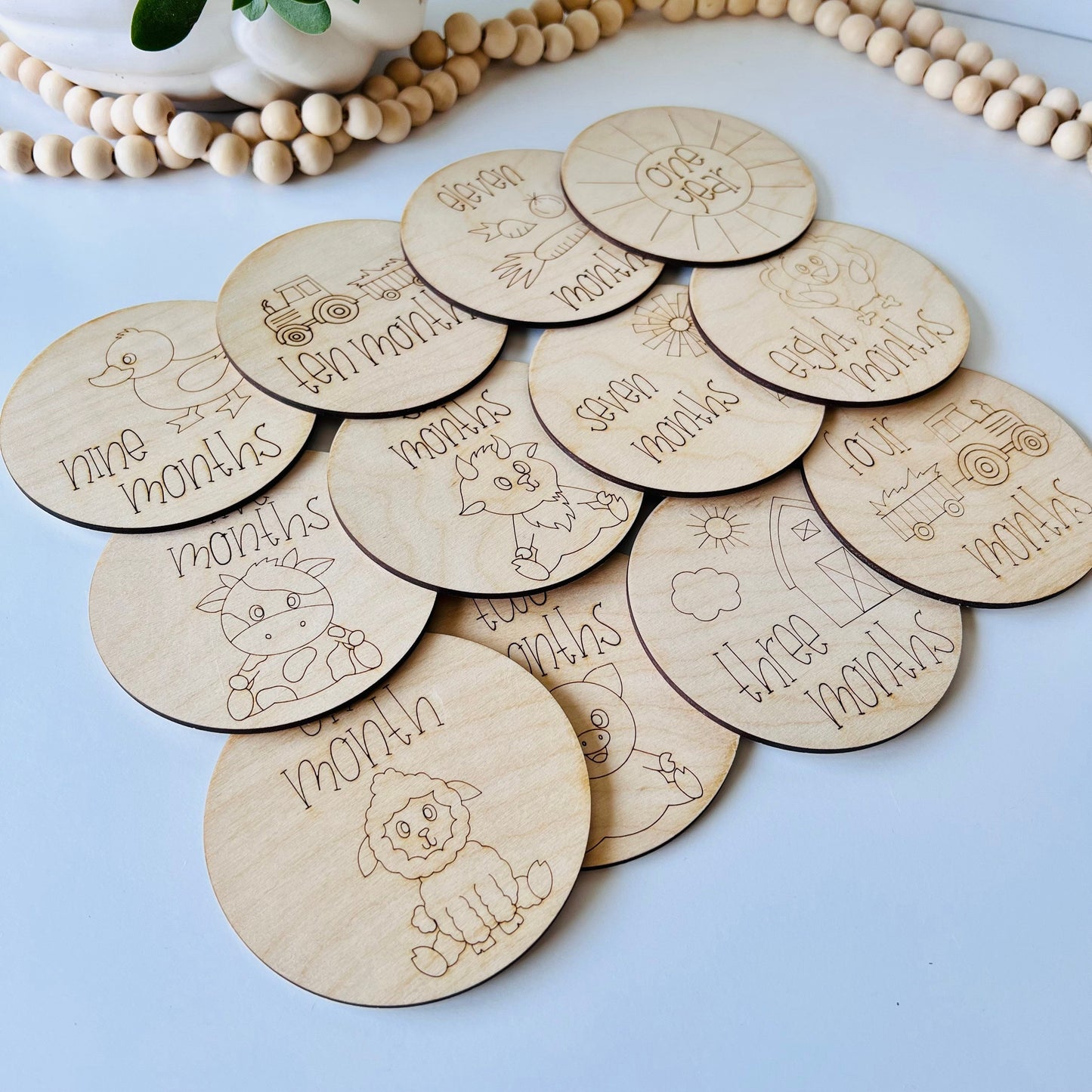Wooden Monthly Milestone Markers for Baby Photos, Farm Themed Milestone Disc, Baby Gift