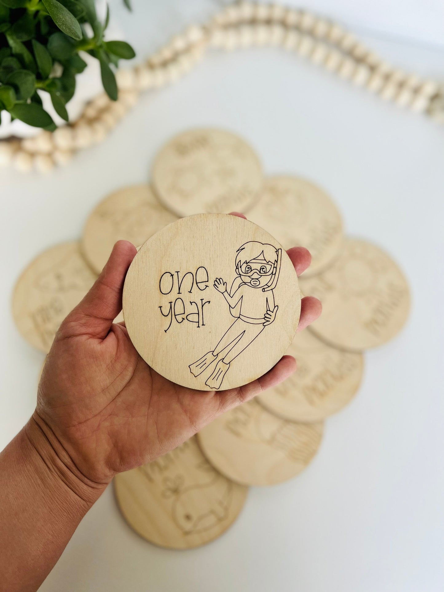 Wooden Monthly Milestone Markers for Baby Photos, Ocean Themed Milestone Disc, Baby Gift