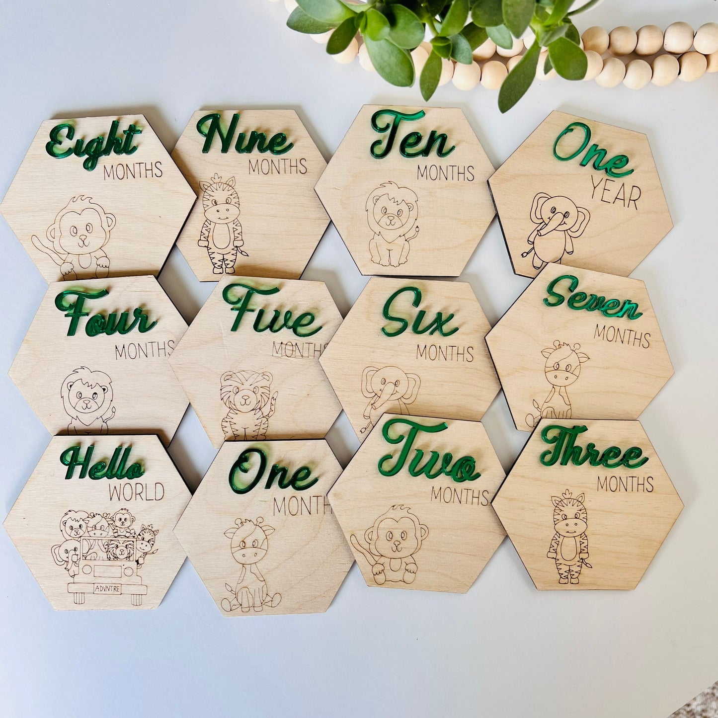 Wooden Monthly Milestone Markers for Baby Photos, Safari Themed Milestone Disc, Baby Gift