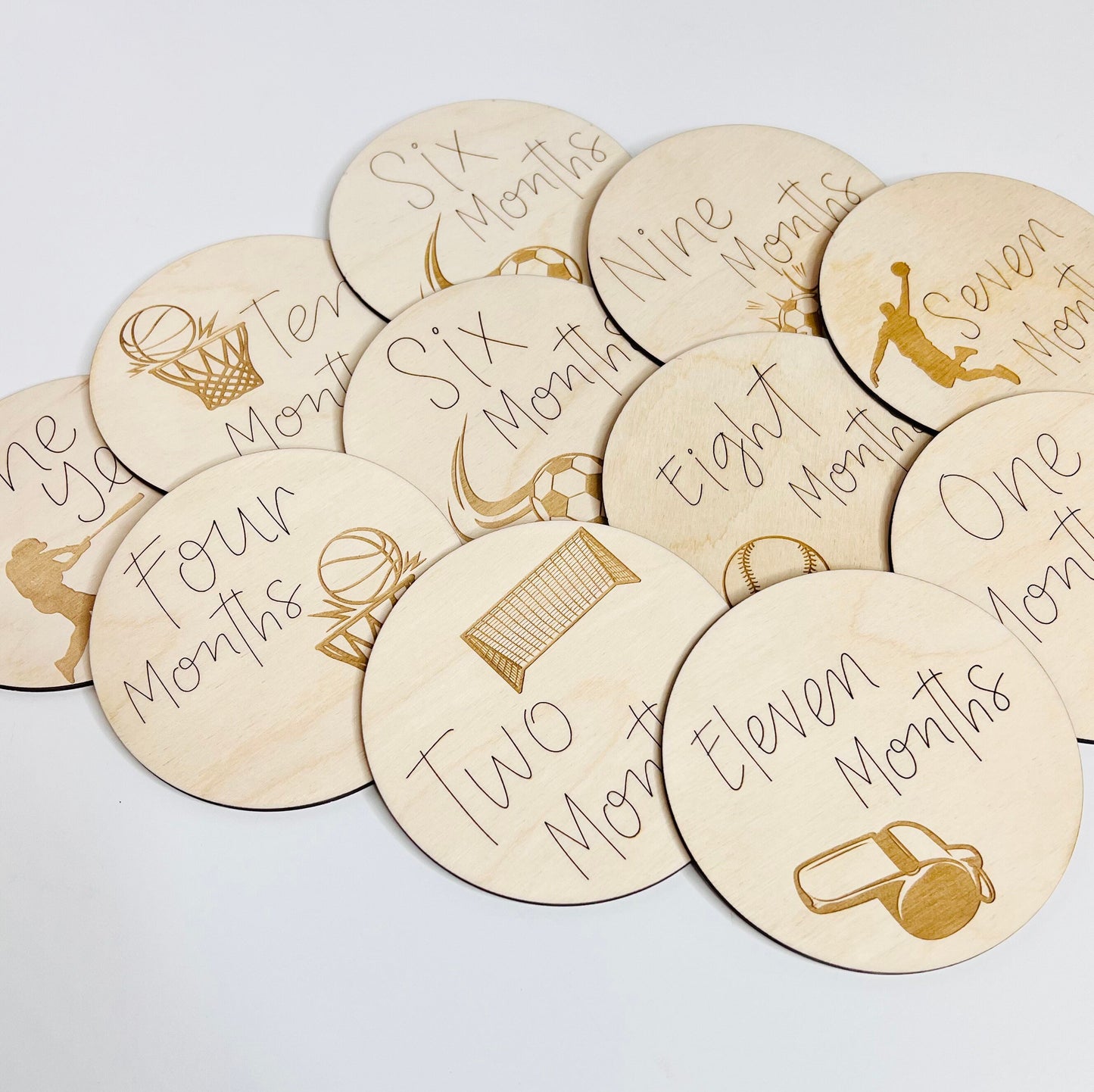 Wooden Monthly Milestone Markers for Baby Photos, Sports Themed Milestone Disc, Baby Gift
