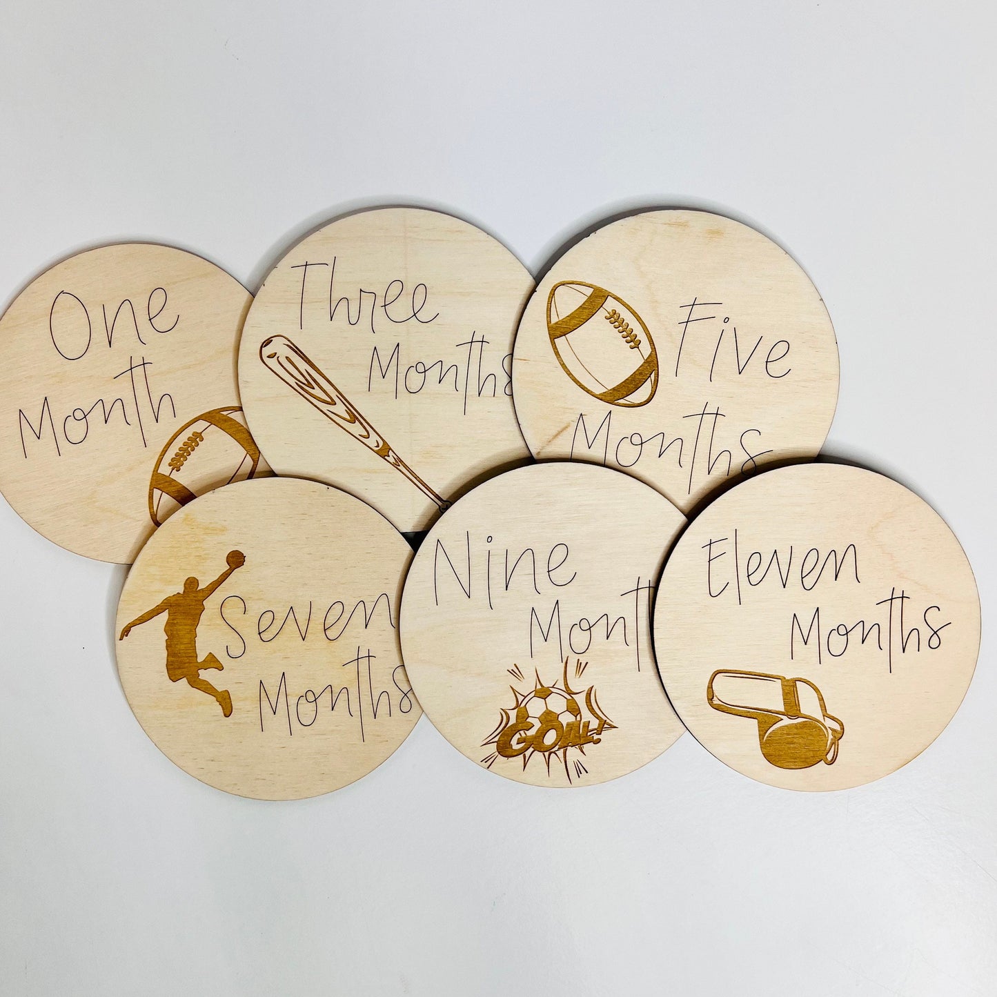 Wooden Monthly Milestone Markers for Baby Photos, Sports Themed Milestone Disc, Baby Gift