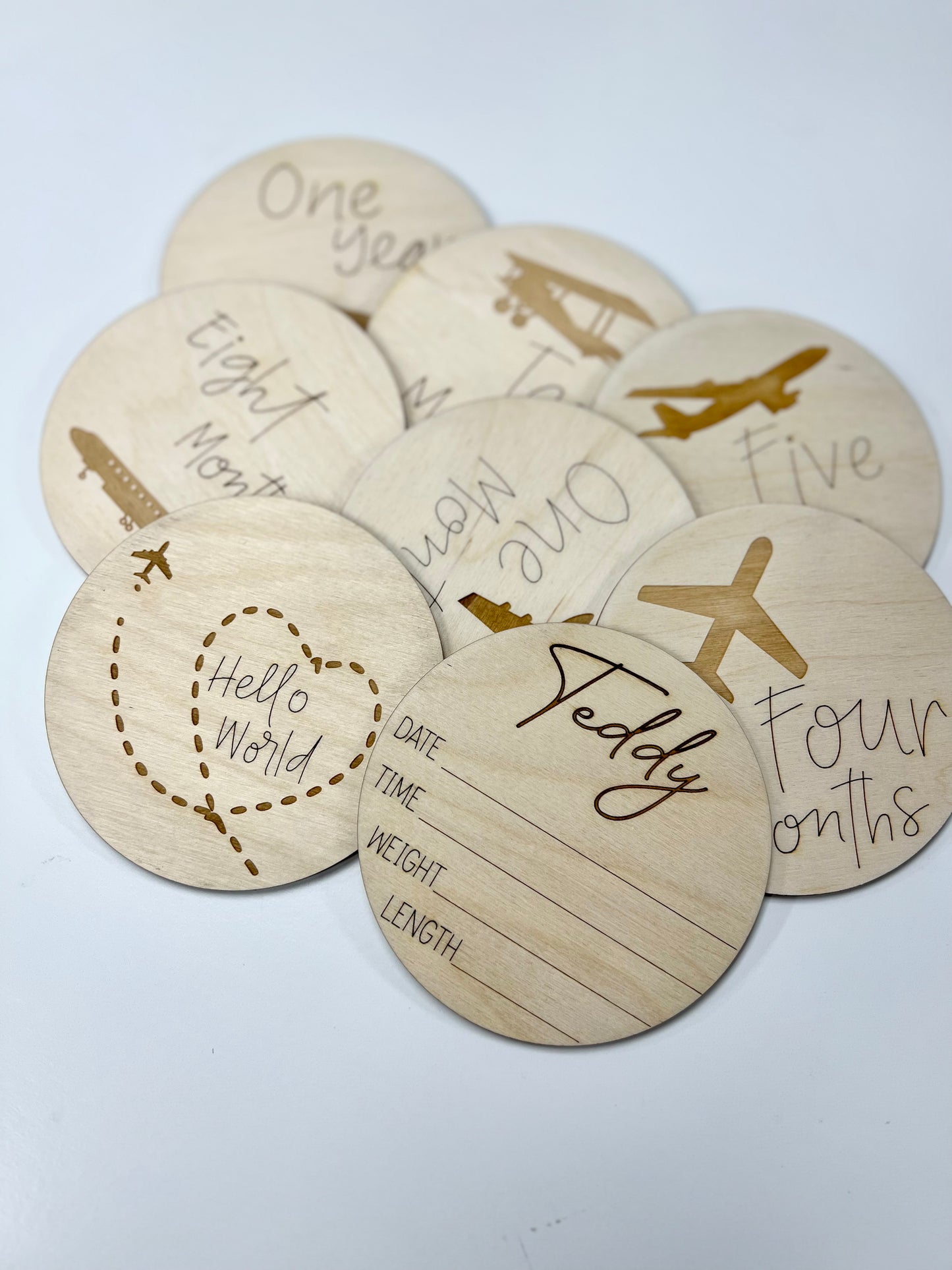 Wooden Monthly Milestone Markers for Baby Photos, Airplane Themed Milestone Disc, Baby Gift